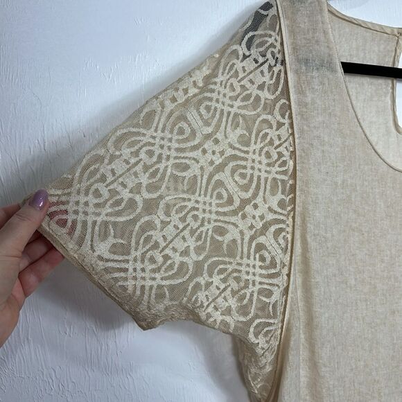 Azucar Beige Linen Lace Detailing Short Sleeve Top Blouse Size M - Picture 2 of 6